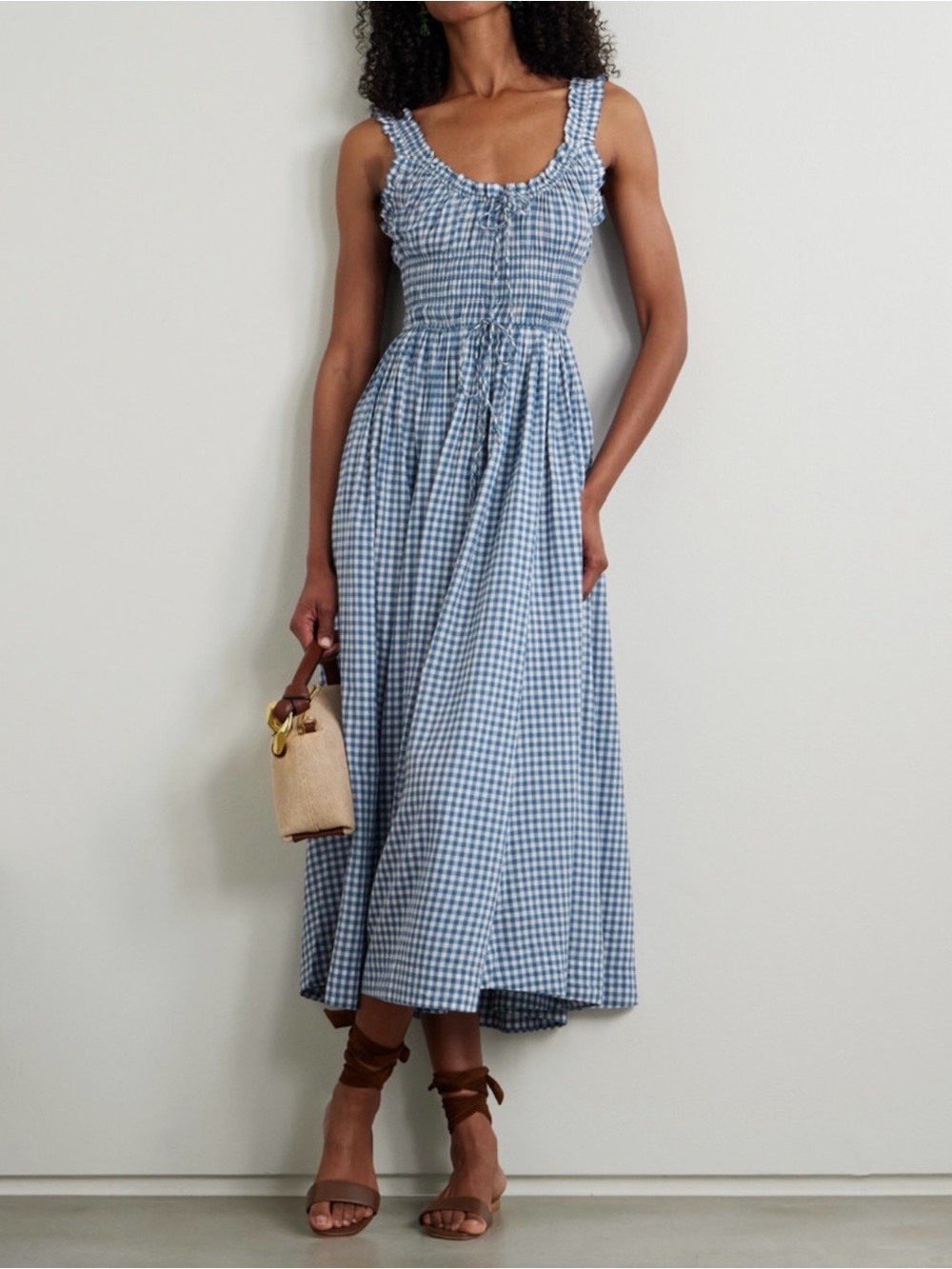 Doen Emmaretta Dress Blue Gingham Scoop Neck Smocked Midi